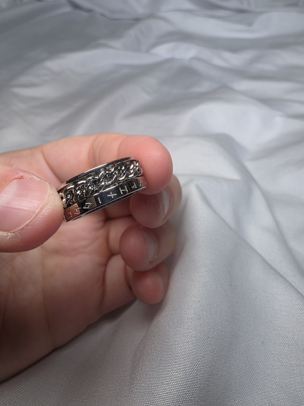 Silver Chain & Rune Engraved Stainless Steel Fidget Ring Womens Size 7